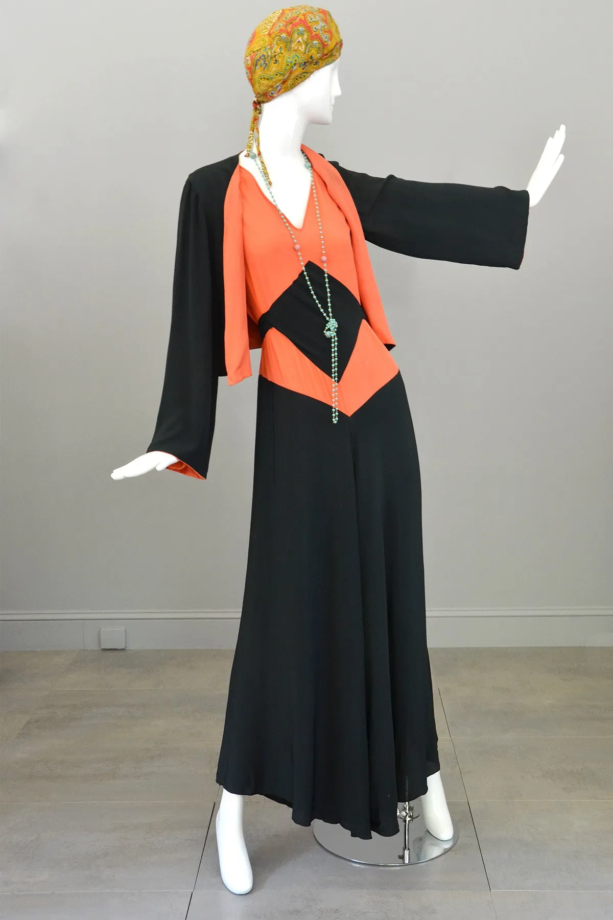 1930s Deco Orange Black Two Piece Beach Pajama Set