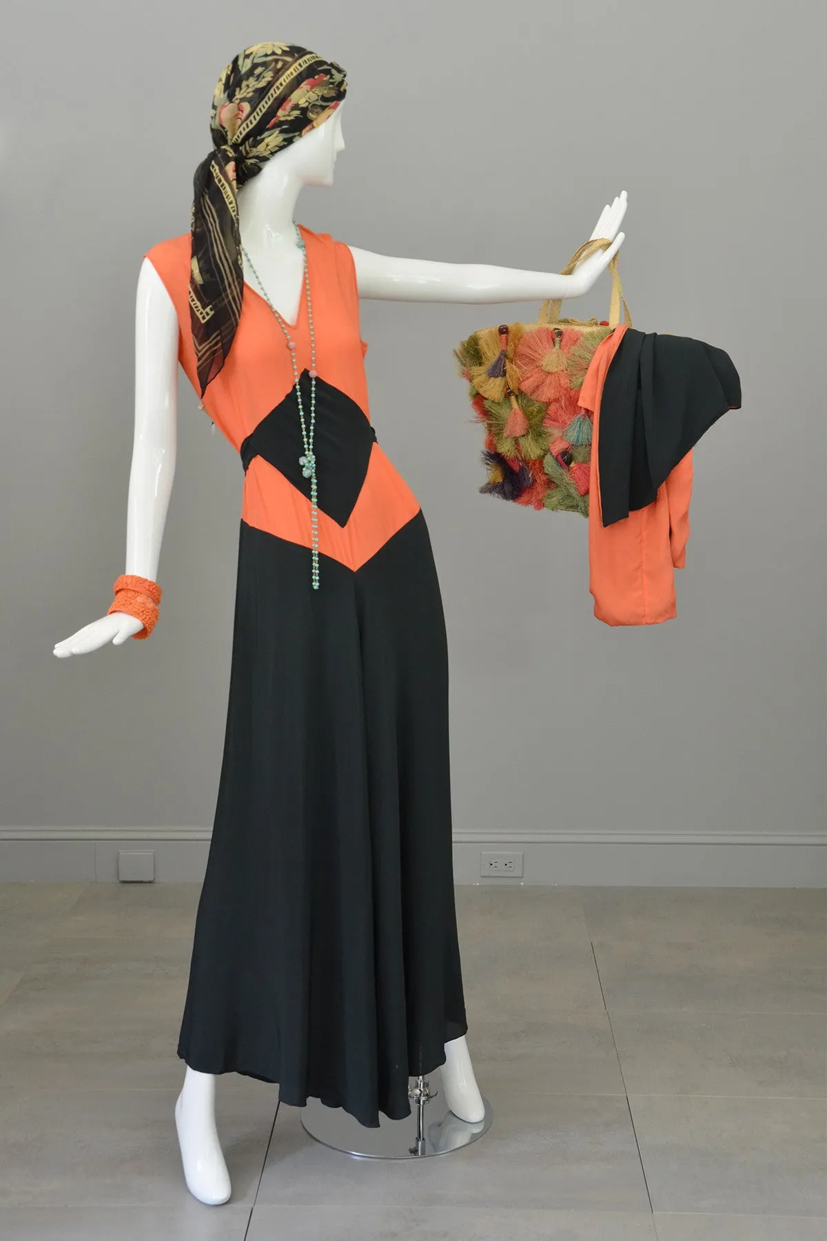 1930s Deco Orange Black Two Piece Beach Pajama Set