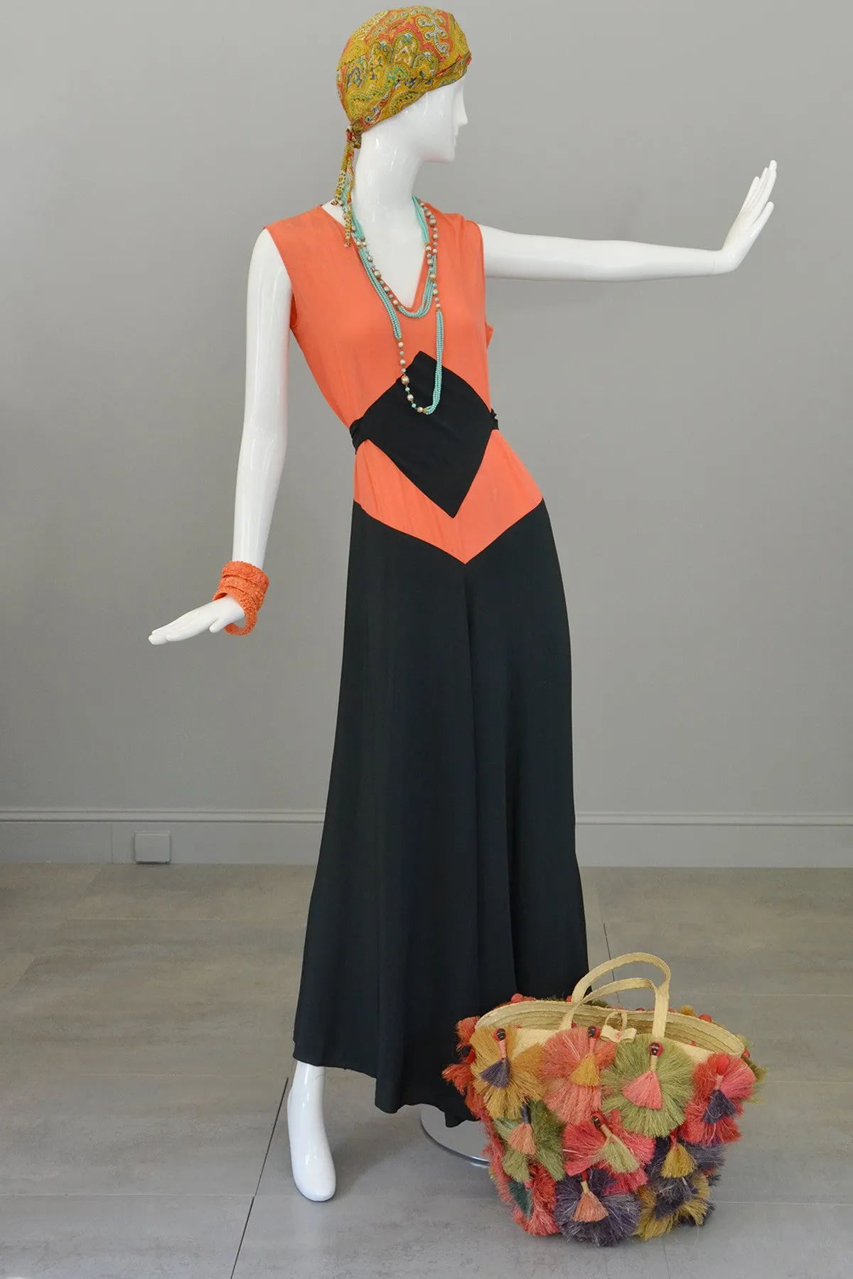 1930s Deco Orange Black Two Piece Beach Pajama Set