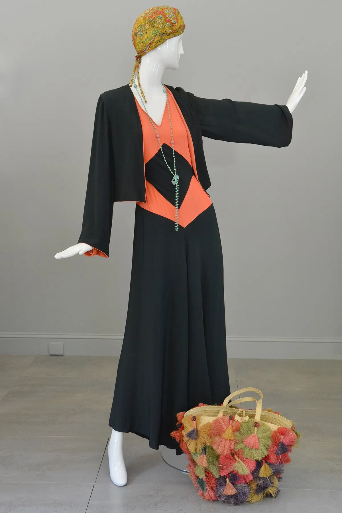 1930s Deco Orange Black Two Piece Beach Pajama Set