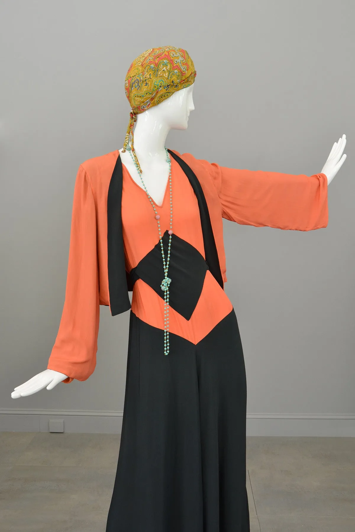 1930s Deco Orange Black Two Piece Beach Pajama Set