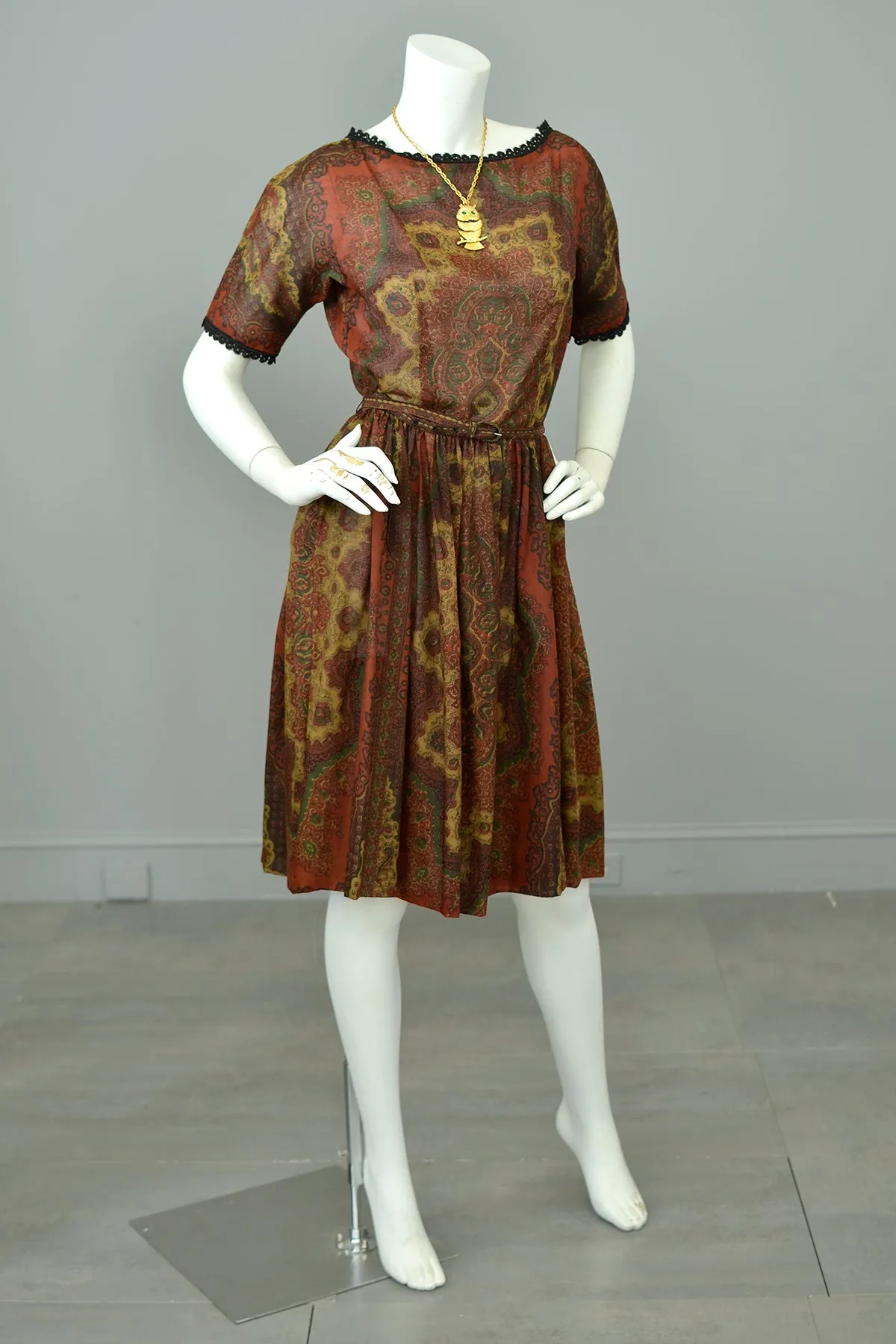 1960s Deep Rust Gold Paisley Print Sheer Dress