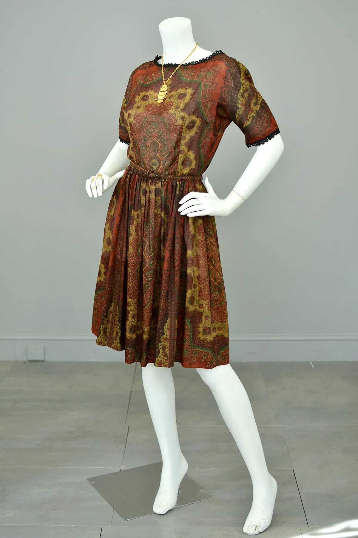 1960s Deep Rust Gold Paisley Print Sheer Dress