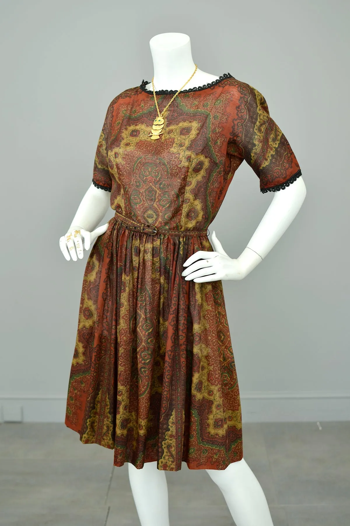 1960s Deep Rust Gold Paisley Print Sheer Dress