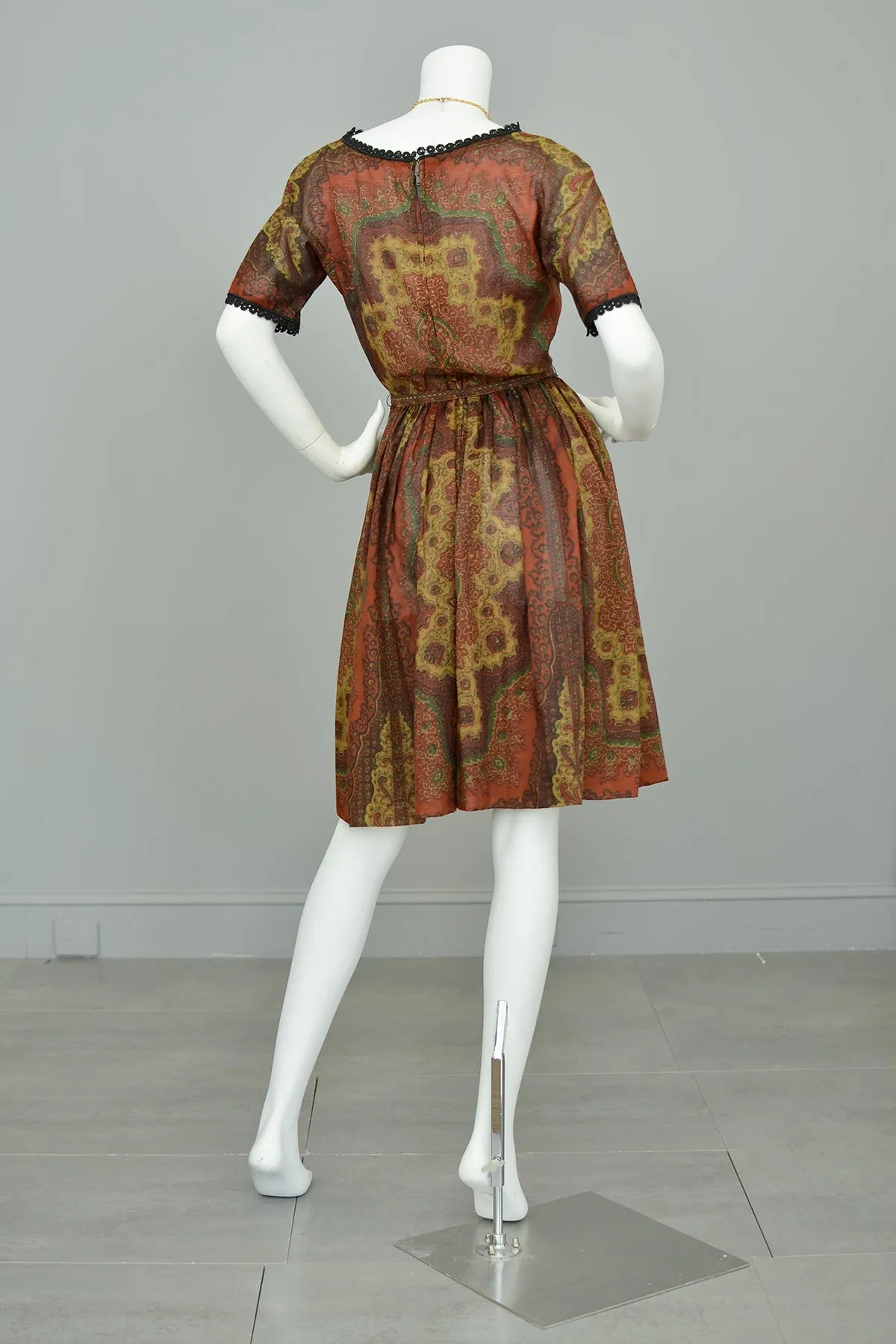 1960s Deep Rust Gold Paisley Print Sheer Dress