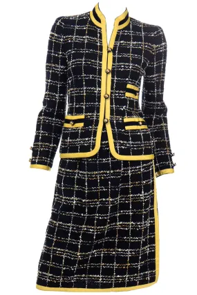 1970s Adolfo Yellow & Black Wool Boucle Skirt & Jacket Suit