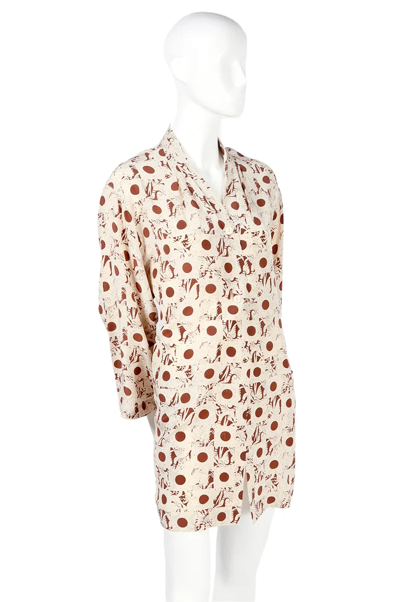 1970s Albert Nipon Abstract Brown Cream Print Silk Halter Dress W Jacket