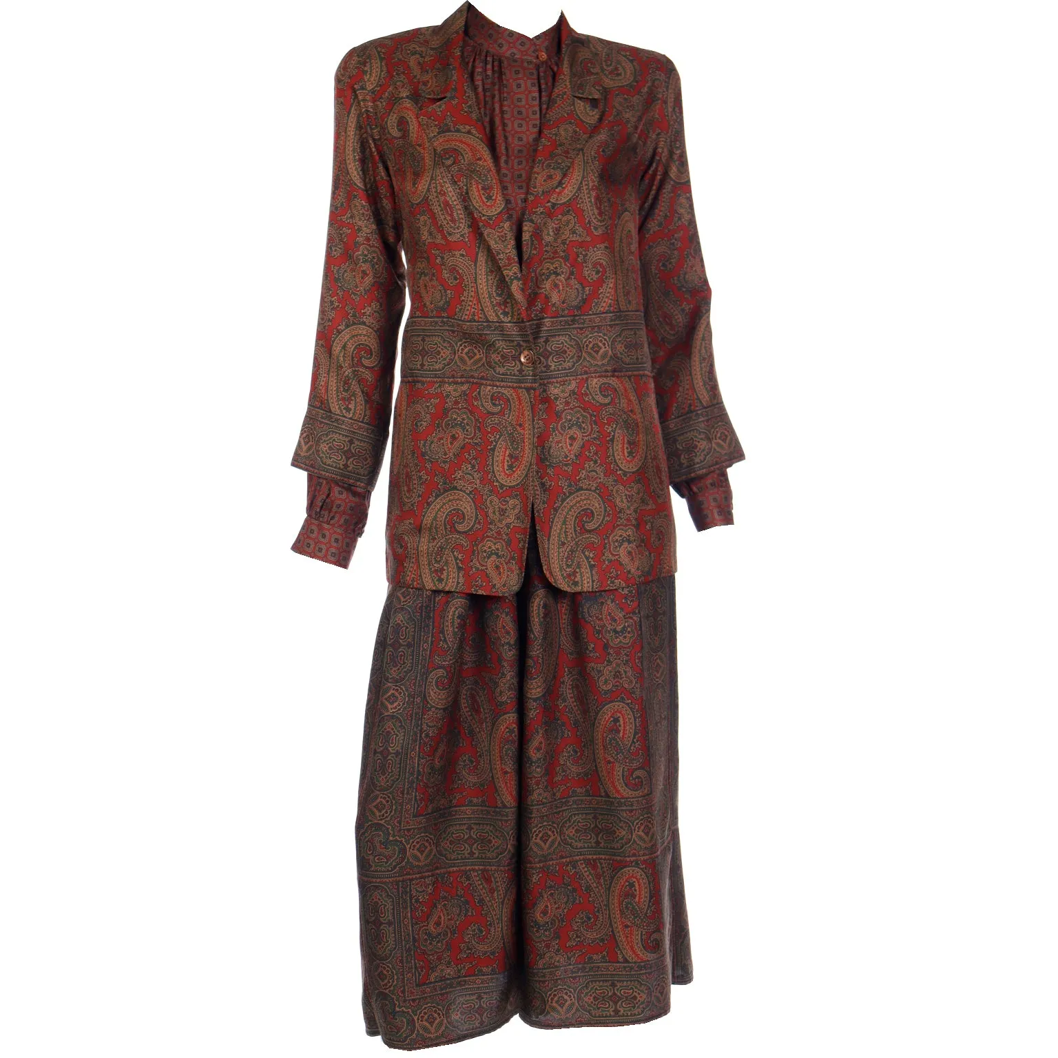 1970s Anne Klein Paisley Print Silk 3 Pc Skirt Blouse & Jacket Outfit