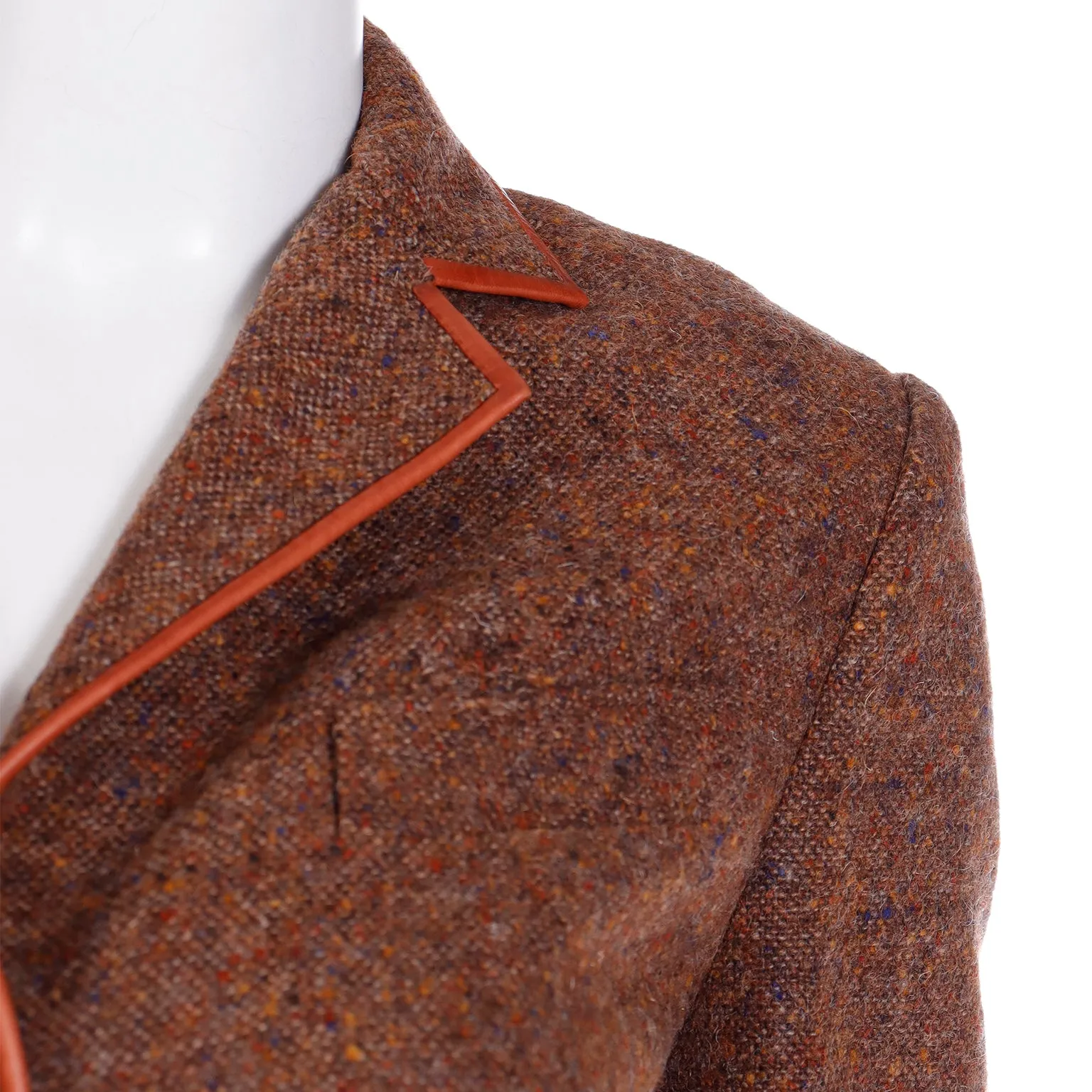 1970s Hermes Vintage Brown Tweed Jacket & Skirt Suit w Leather Trim