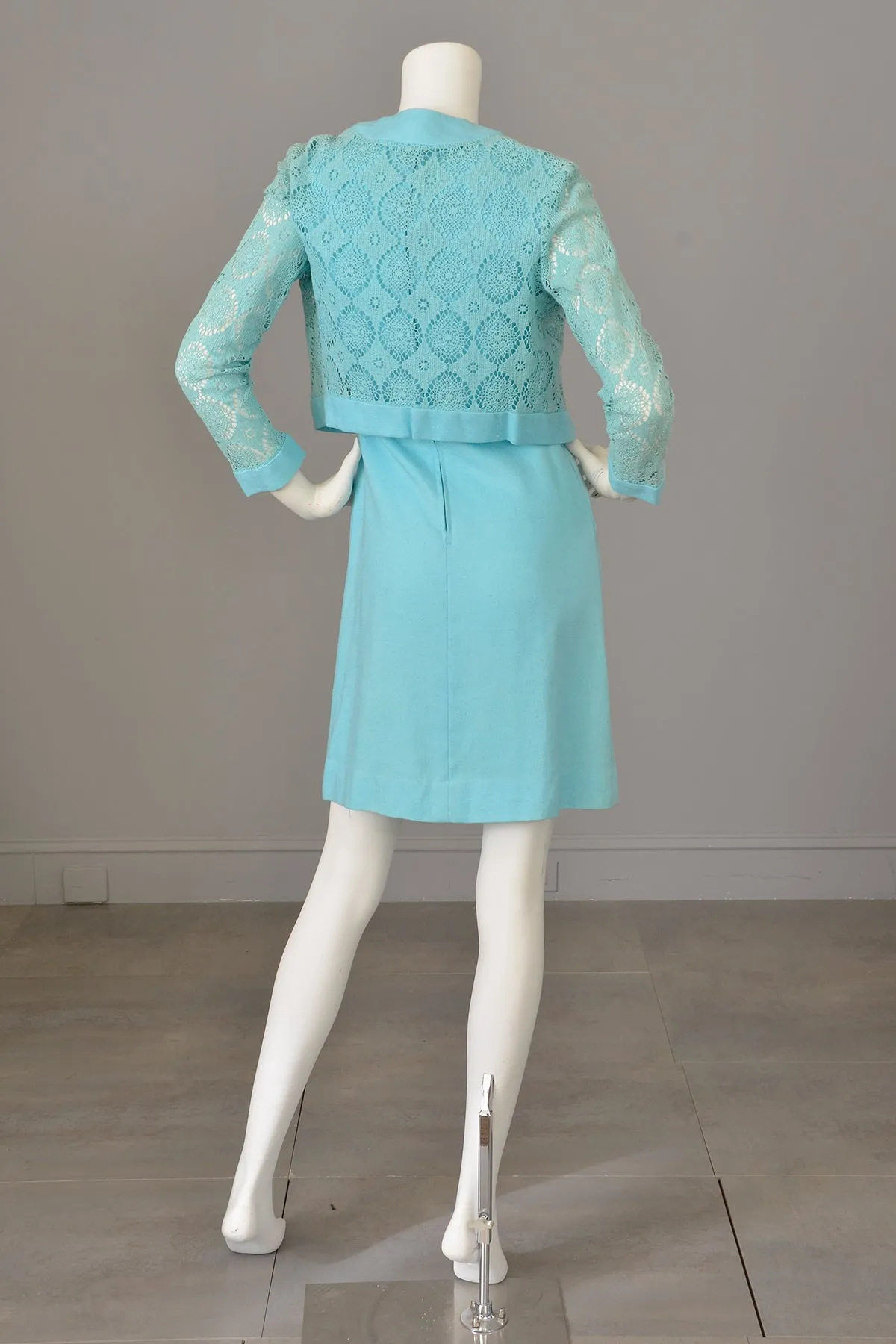 1970s Sky Blue Scooter Dress and Matching Crochet Lace Blouse Jacket