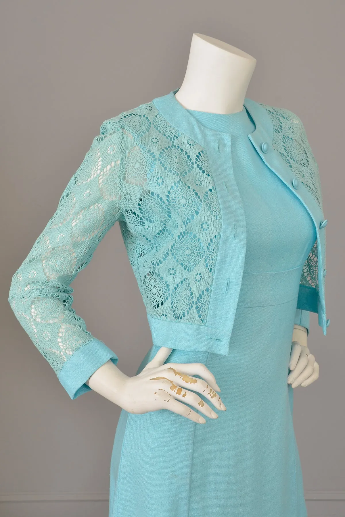 1970s Sky Blue Scooter Dress and Matching Crochet Lace Blouse Jacket