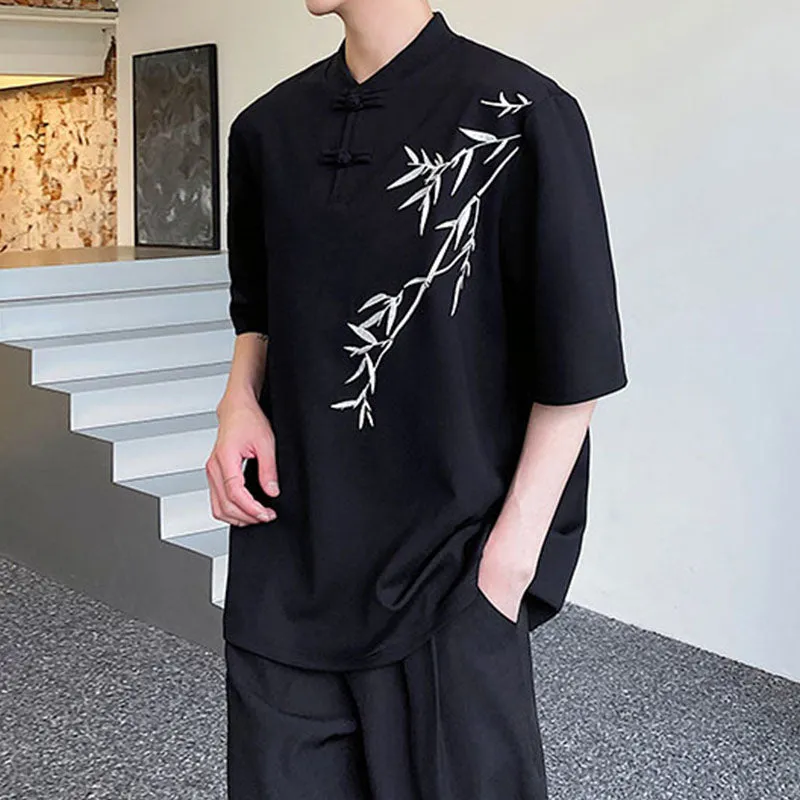 Bamboo Embroidery Stand Collar Button T-Shirt