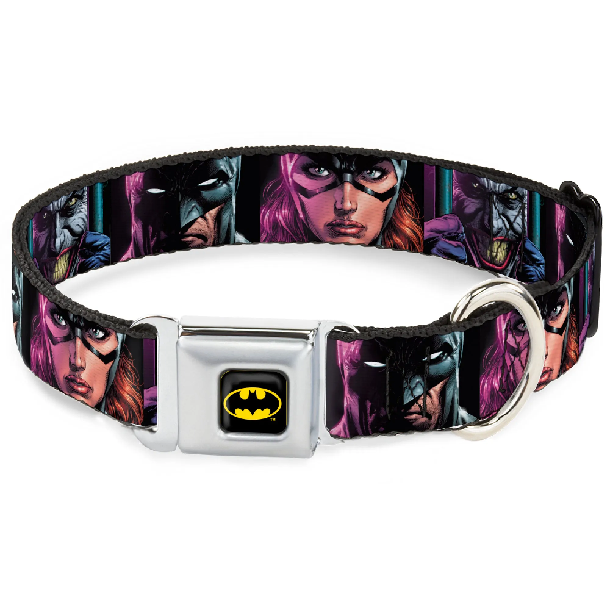 Batman Black/Yellow Seatbelt Buckle Collar - Batman Batgirl and Joker Comic Book Cover Face Close-Ups Black