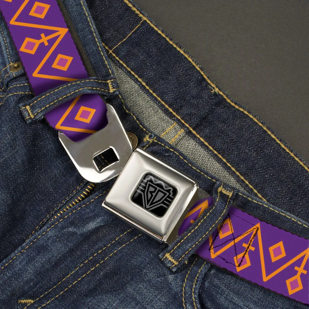 BD Wings Logo CLOSE-UP Black/Silver Seatbelt Belt - Aztec22 Purple/Orange/Pink Webbing