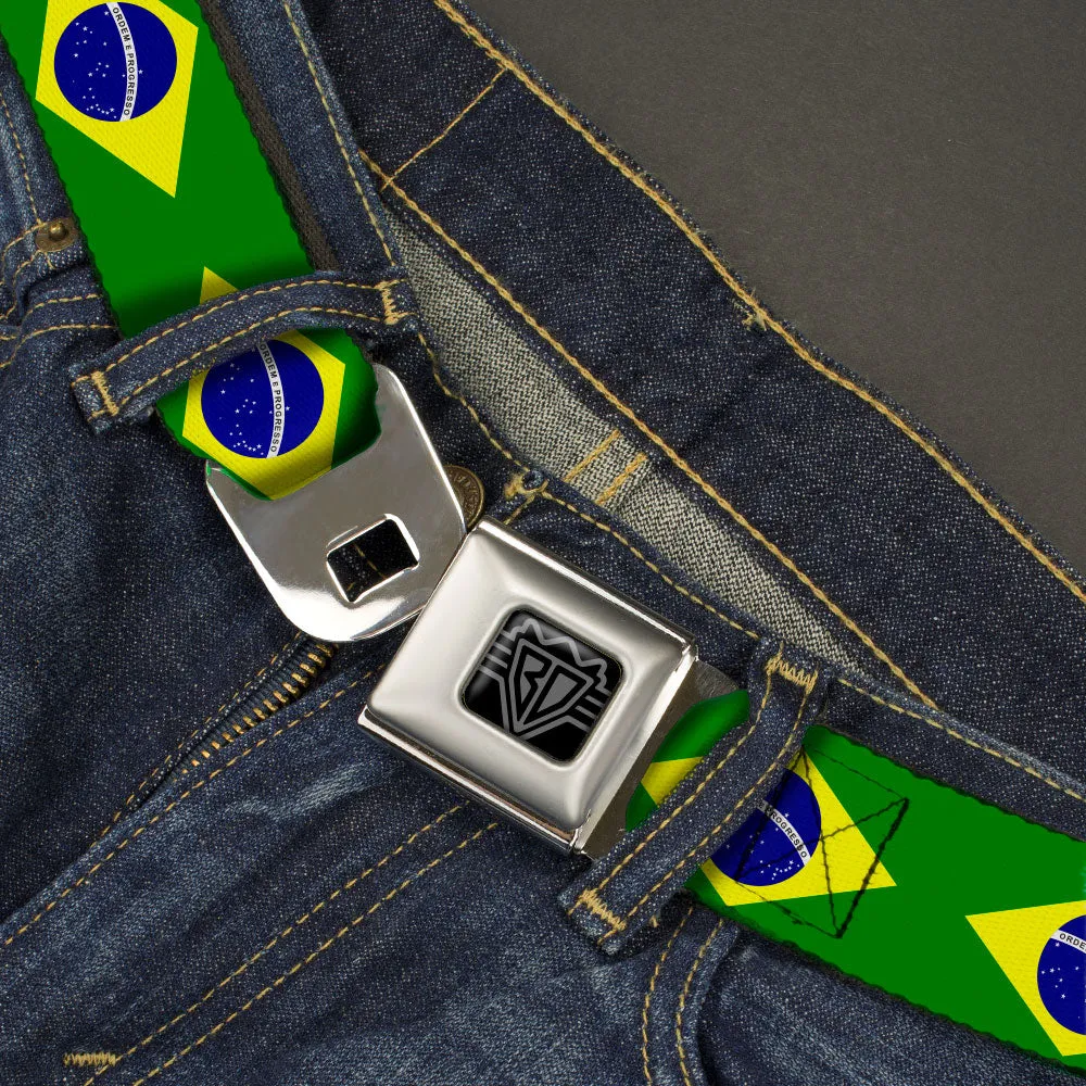 BD Wings Logo CLOSE-UP Black/Silver Seatbelt Belt - Brazil Flag Continuous Webbing