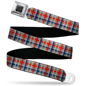 BD Wings Logo CLOSE-UP Black/Silver Seatbelt Belt - Plaid4 Gray/Red/White/Blue Webbing