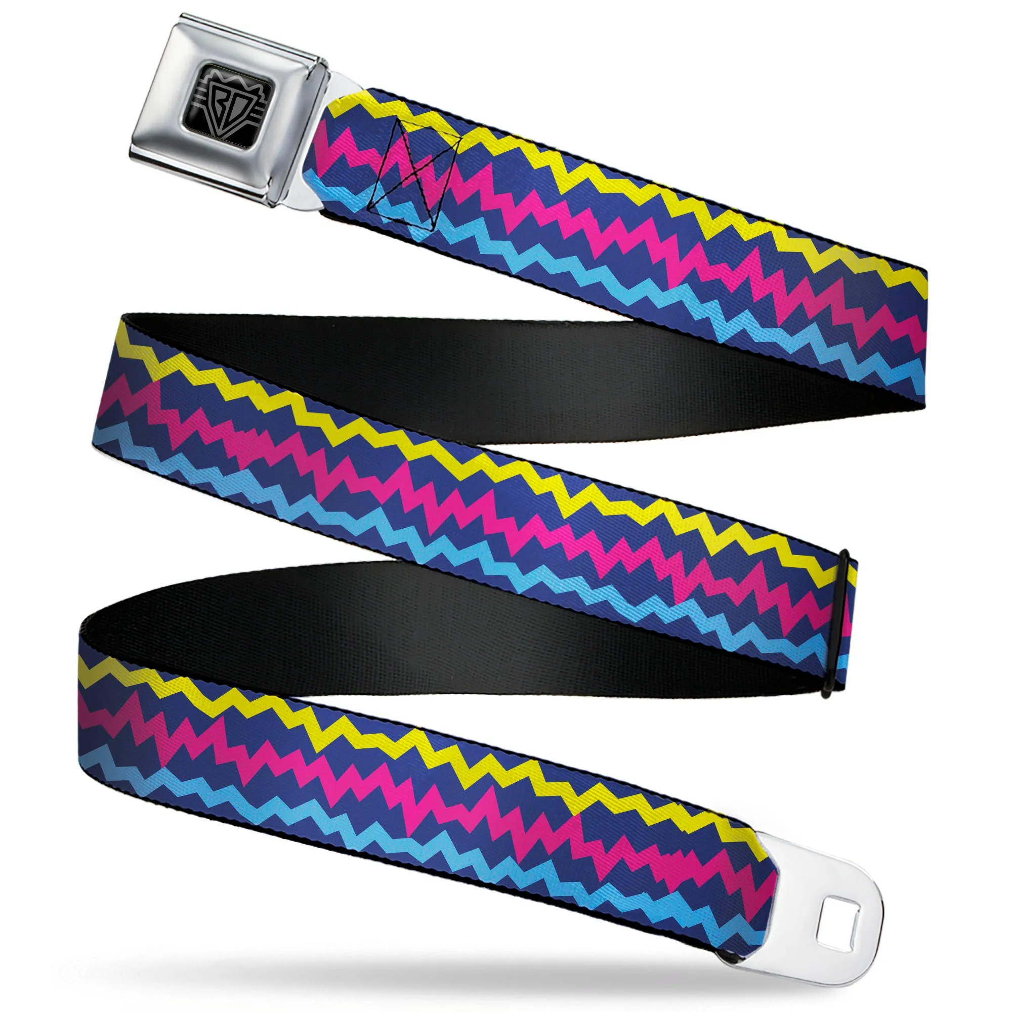 BD Wings Logo CLOSE-UP Black/Silver Seatbelt Belt - Scribble Zig Zag Stripe Navy/Multi Color Webbing