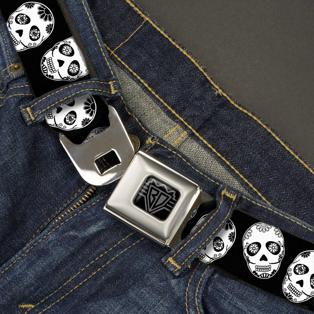 BD Wings Logo CLOSE-UP Black/Silver Seatbelt Belt - Sugar Skulls Black/White/Black Webbing