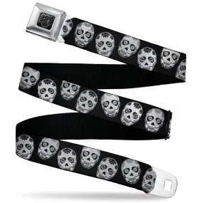 BD Wings Logo CLOSE-UP Black/Silver Seatbelt Belt - Sugar Skulls Black/White/Black Webbing