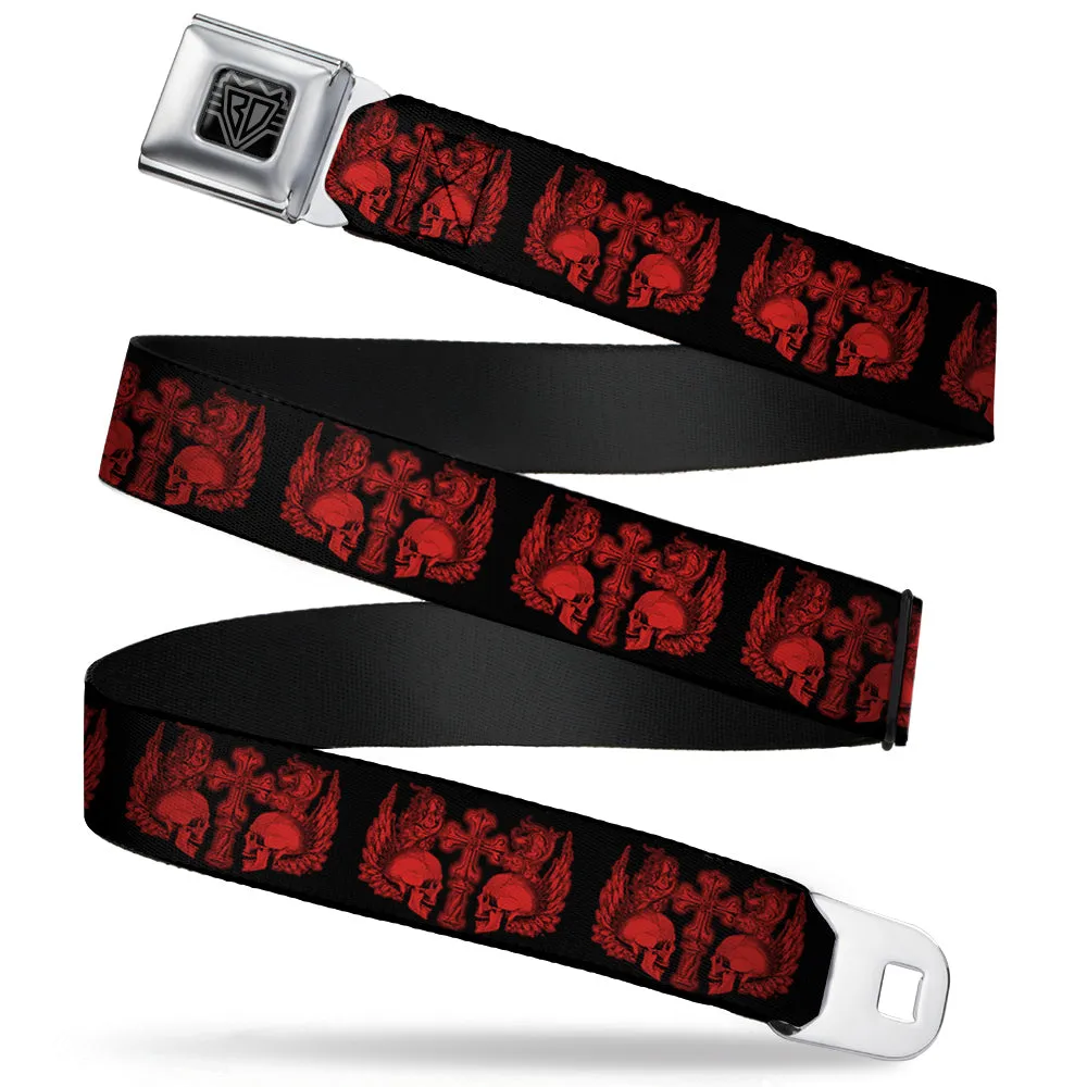 BD Wings Logo CLOSE-UP Full Color Black Silver Seatbelt Belt - BD Skulls w/Wings Black/Red Webbing