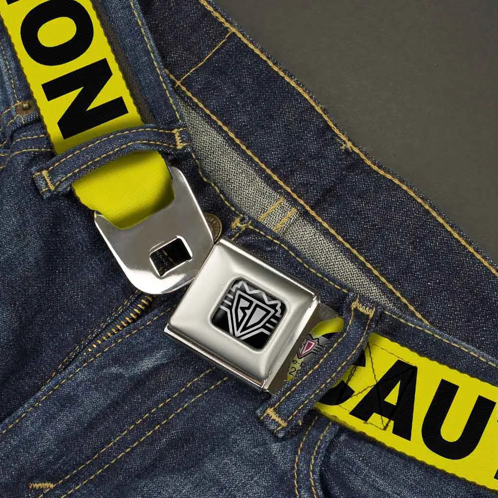 BD Wings Logo CLOSE-UP Full Color Black Silver Seatbelt Belt - CAUTION Yellow/Black Webbing by Buckle-Down