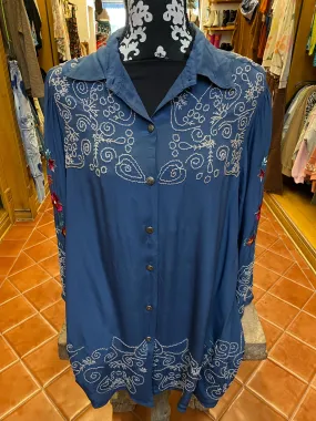 Blue Embroidered Button Front Top by Vintage Collection