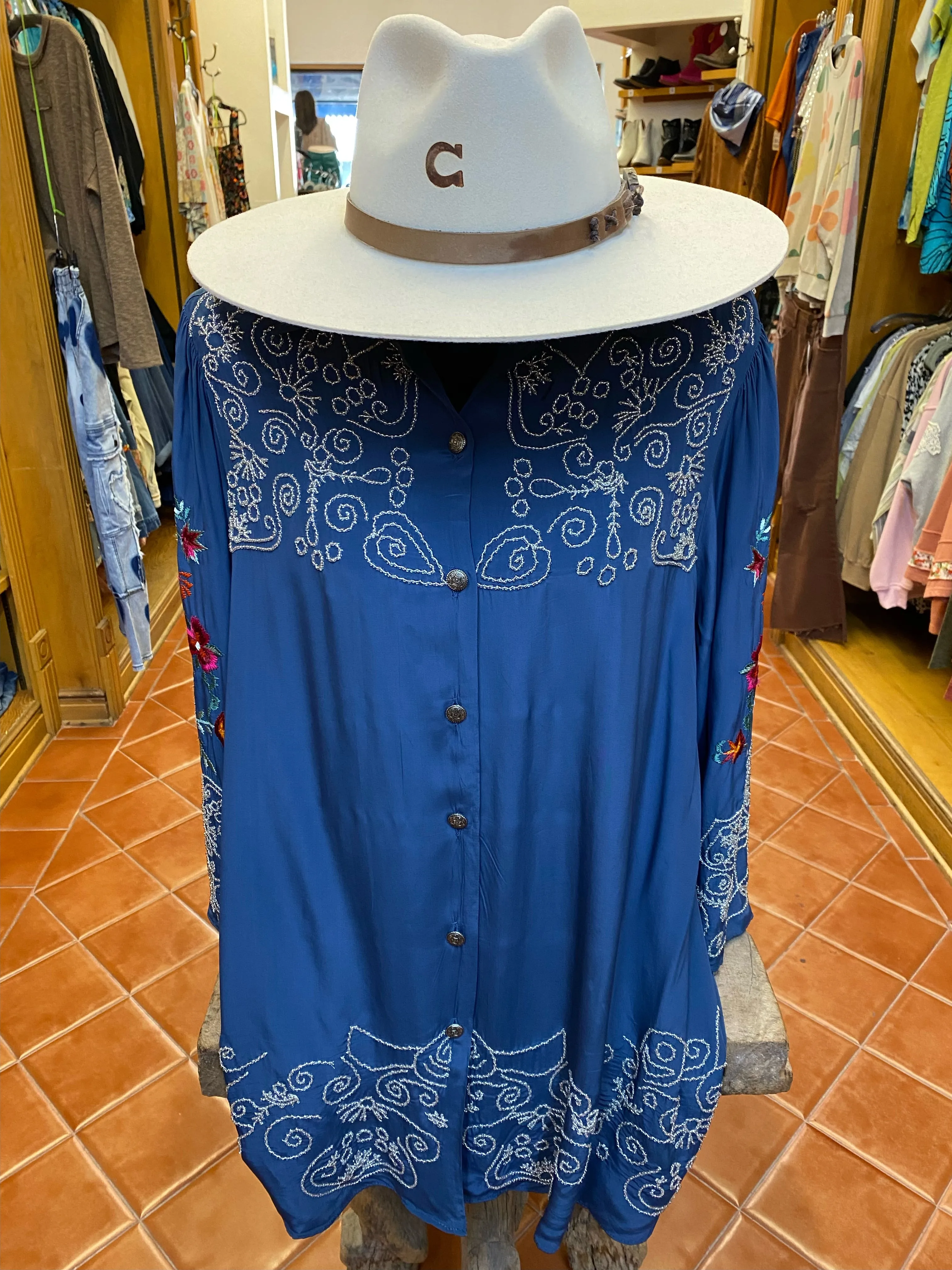 Blue Embroidered Button Front Top by Vintage Collection