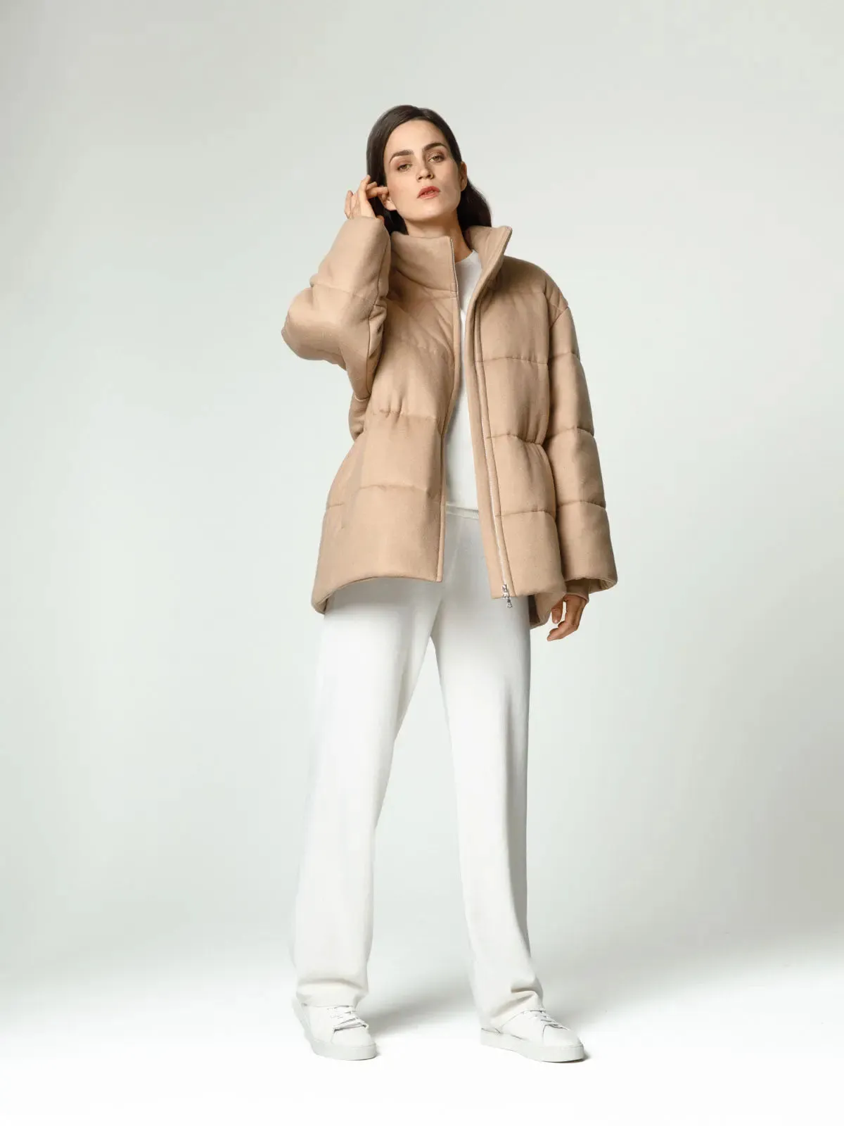 Camel color cashmere down jacket