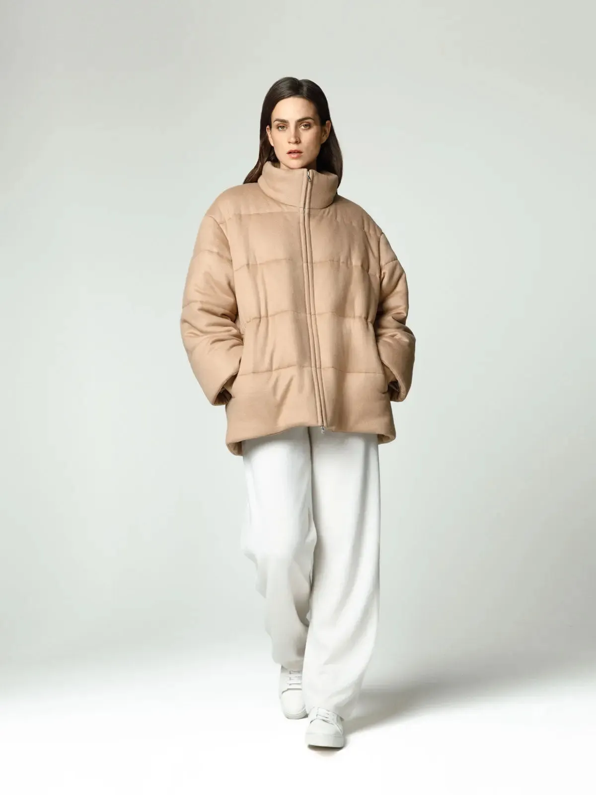 Camel color cashmere down jacket