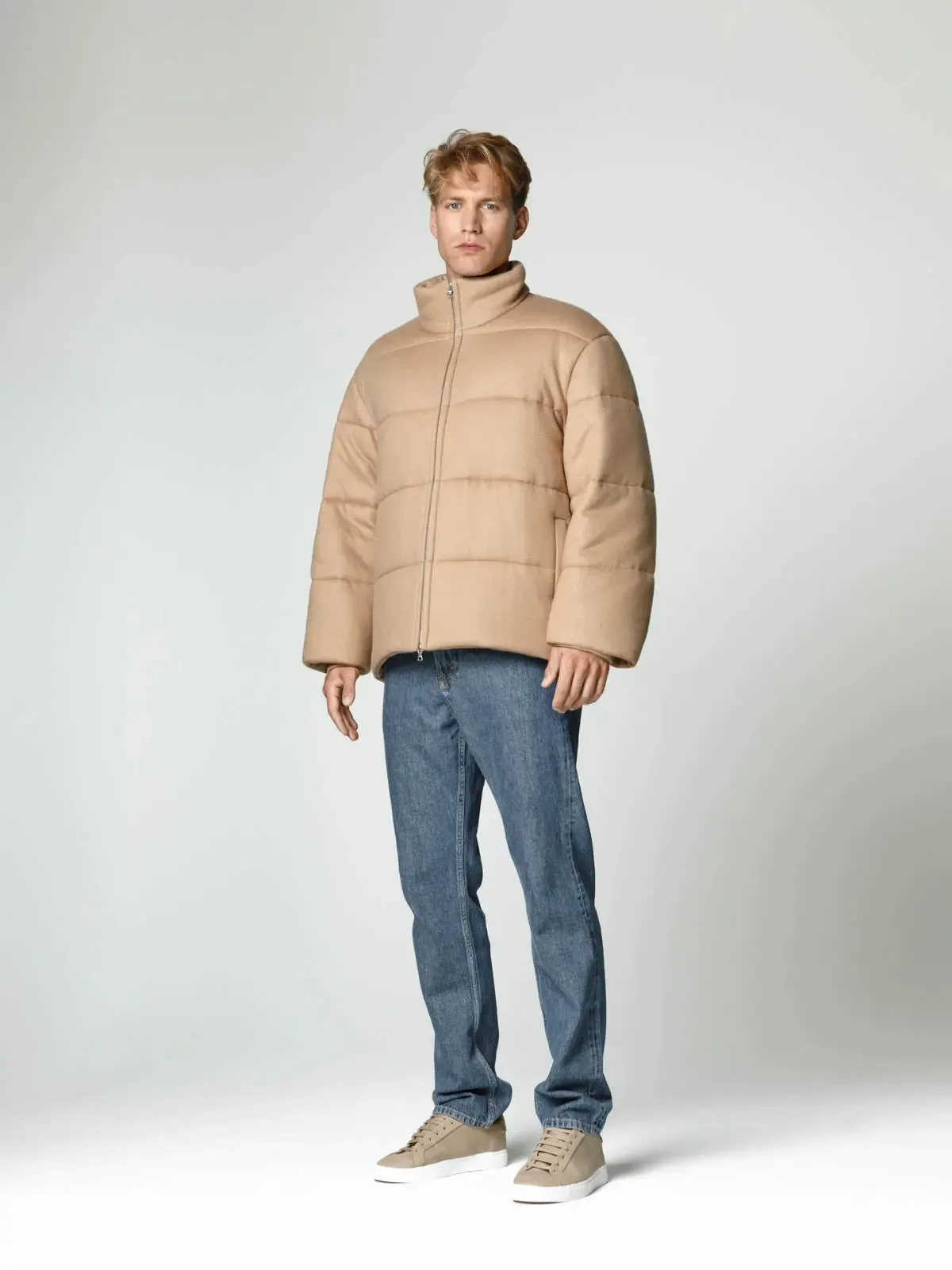 Camel color cashmere down jacket