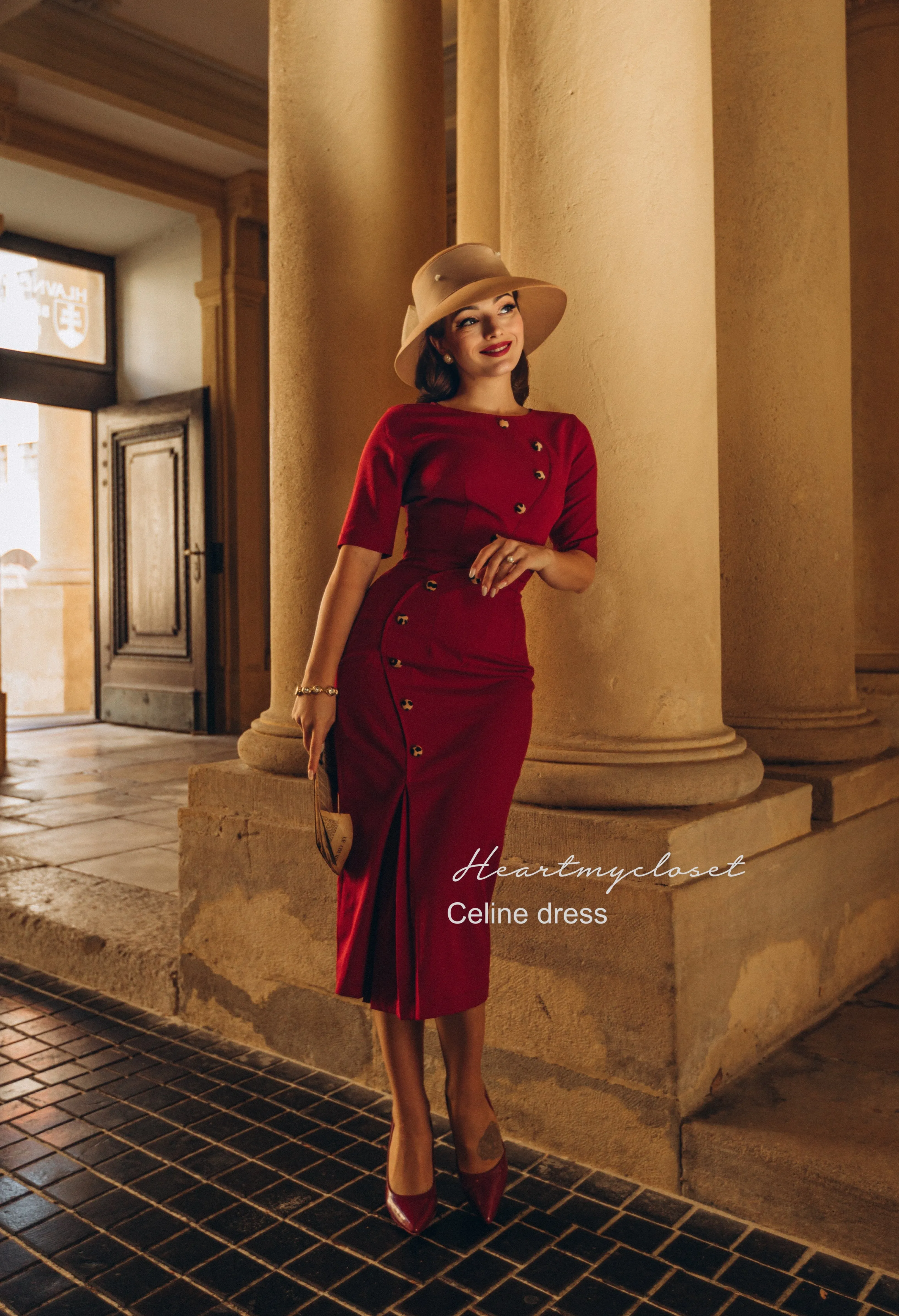 Celine- 1950s pencil dress with leopard velvet buttons