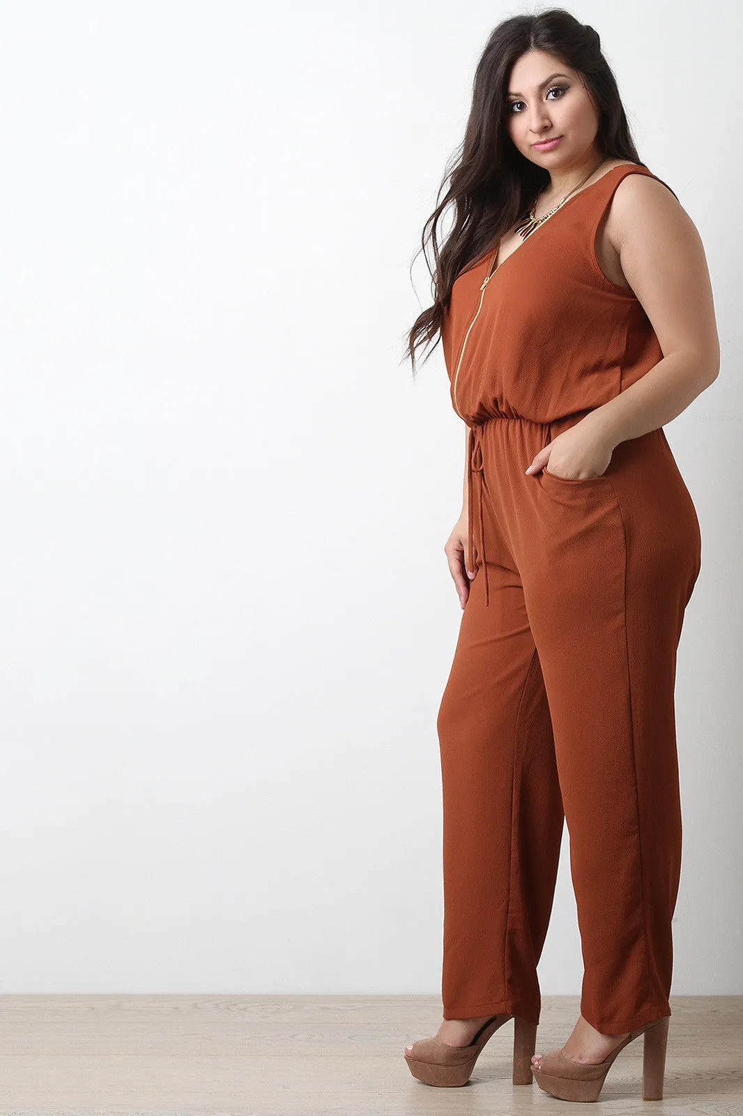 Chiffon Zip-Up Sleeveless Jumpsuit