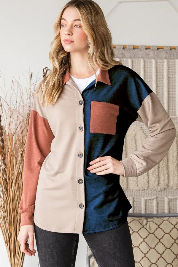 Color Block Button Down Shirt Teal Rust