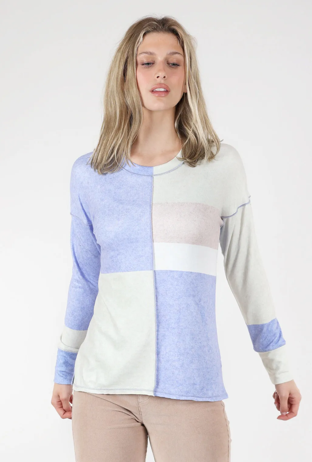 Color-Block Seamed Pullover, Periwinkle