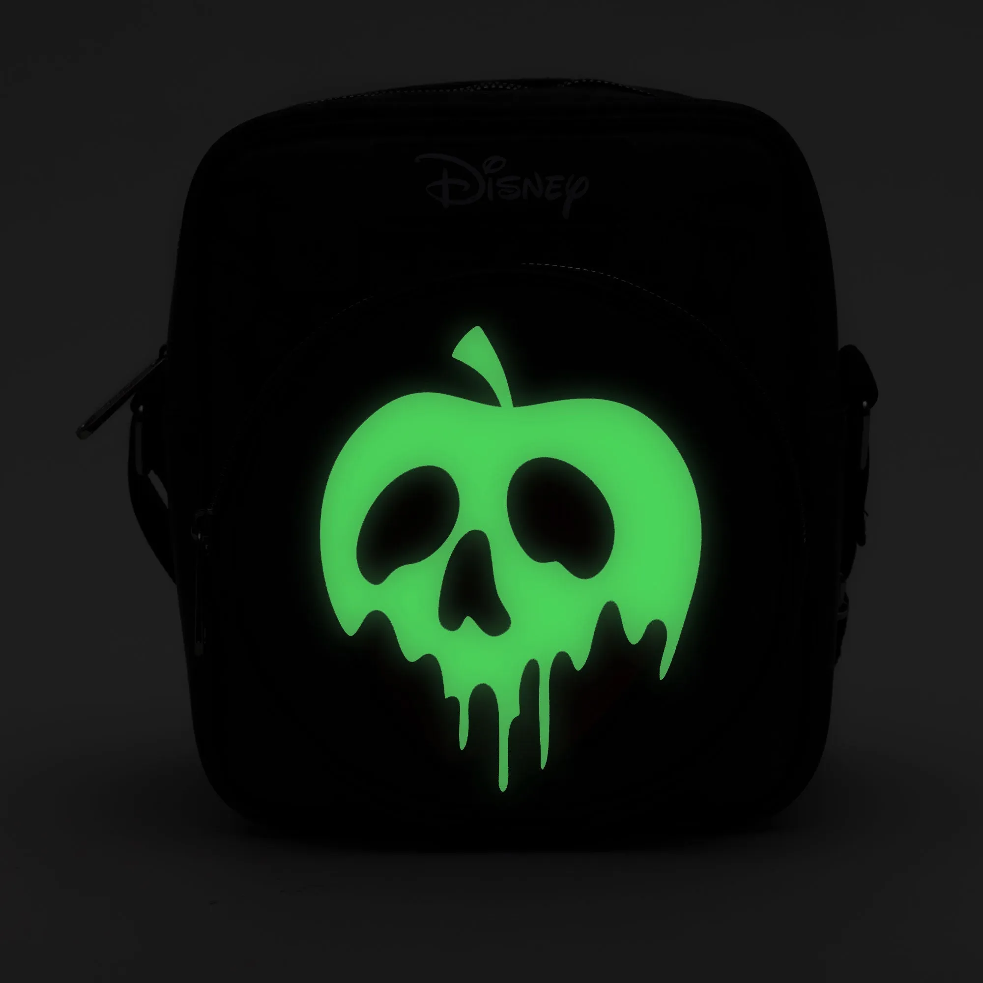 Disney Vegan Leather Crossbody Bag with Front and Back Zip Pocket, Snow White Evil Queen Glow in the Dark Apple and Icons Black, 8.5" x 10.0"