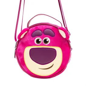 Disney Vegan Leather Round Crossbody Bag with Adjustable Straps, Pixar, Toy Story Lotso Face Character Close Up Furry, Dark Pink