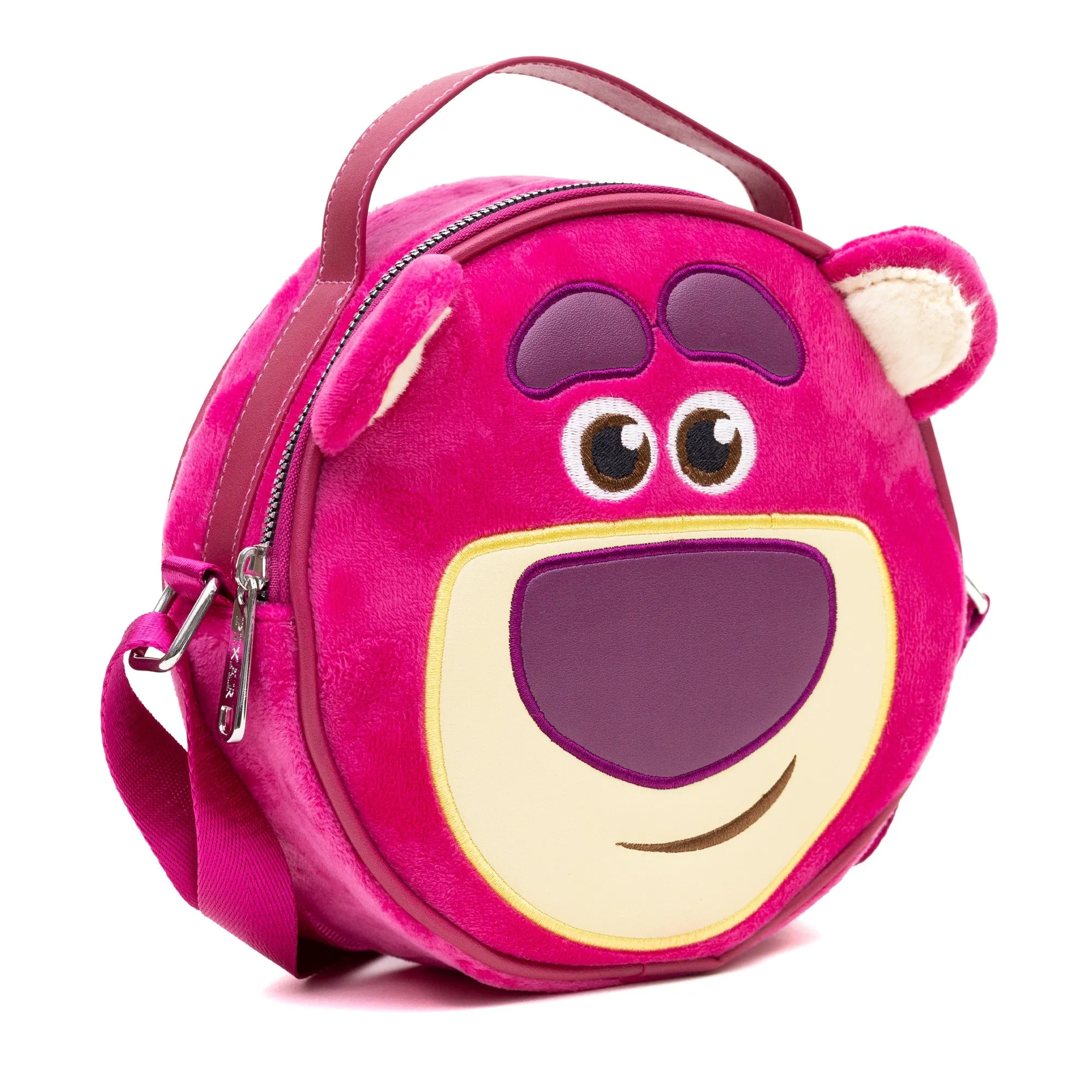 Disney Vegan Leather Round Crossbody Bag with Adjustable Straps, Pixar, Toy Story Lotso Face Character Close Up Furry, Dark Pink