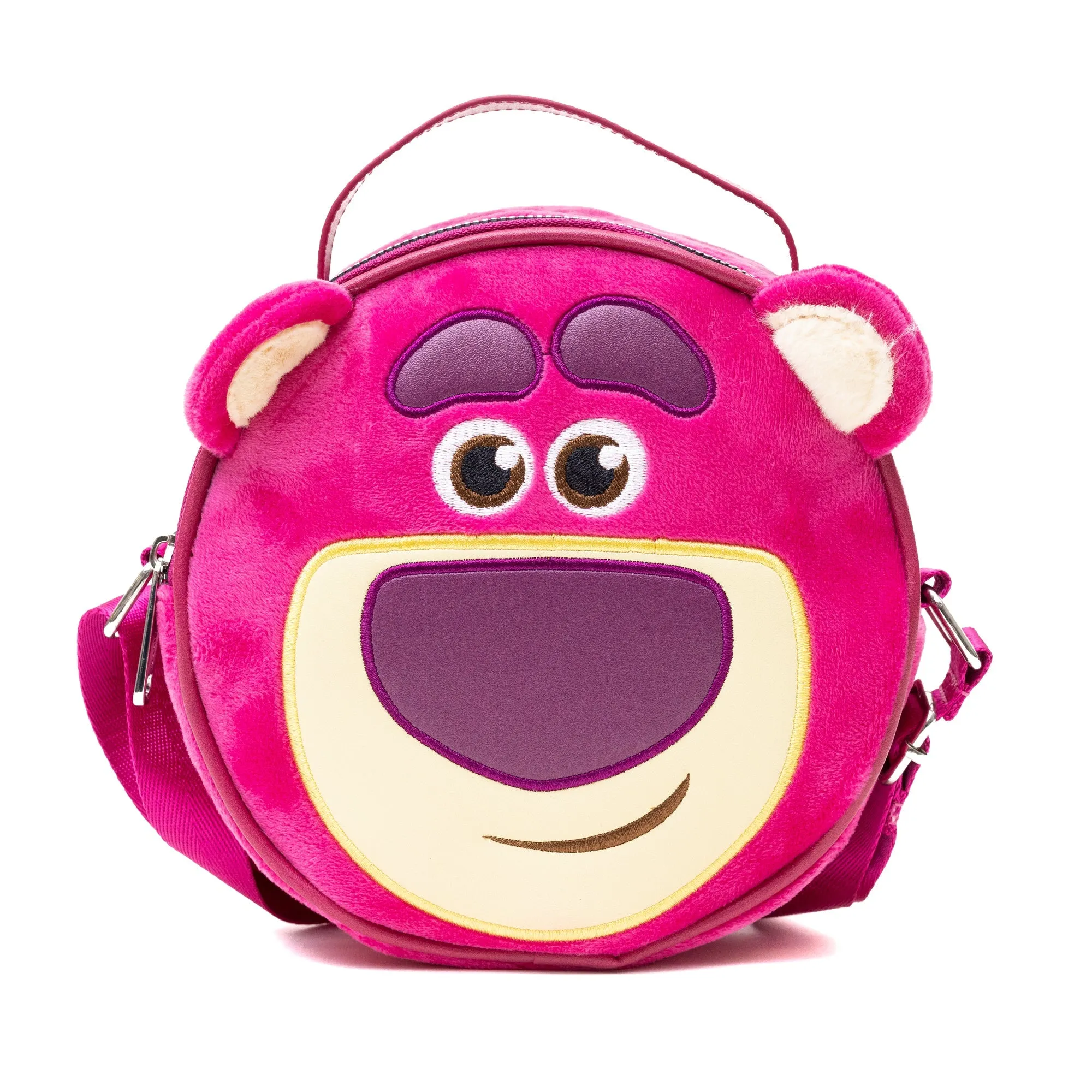 Disney Vegan Leather Round Crossbody Bag with Adjustable Straps, Pixar, Toy Story Lotso Face Character Close Up Furry, Dark Pink