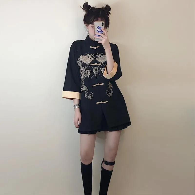 Dragon Embroidered Stand Collar Cheongsam Shirt