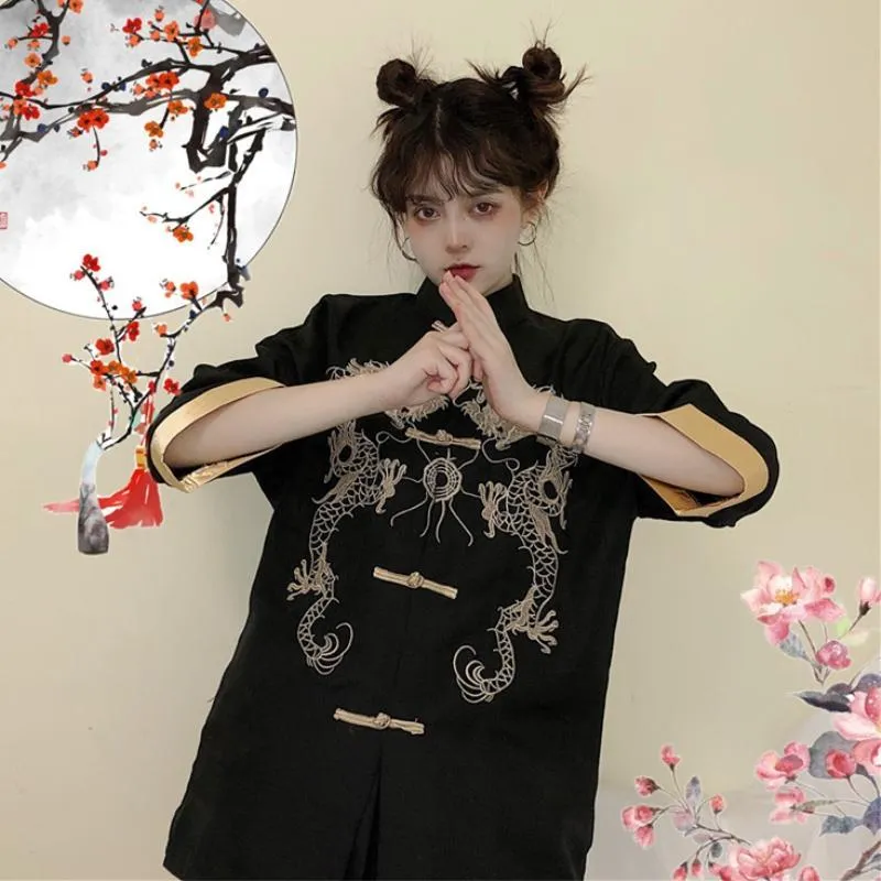 Dragon Embroidered Stand Collar Cheongsam Shirt