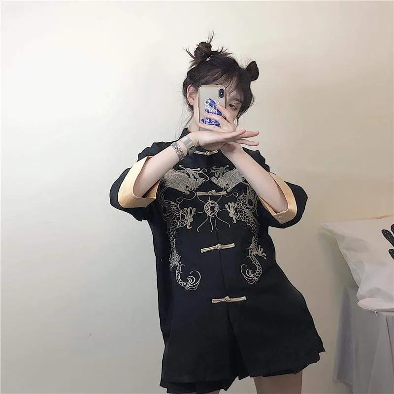 Dragon Embroidered Stand Collar Cheongsam Shirt