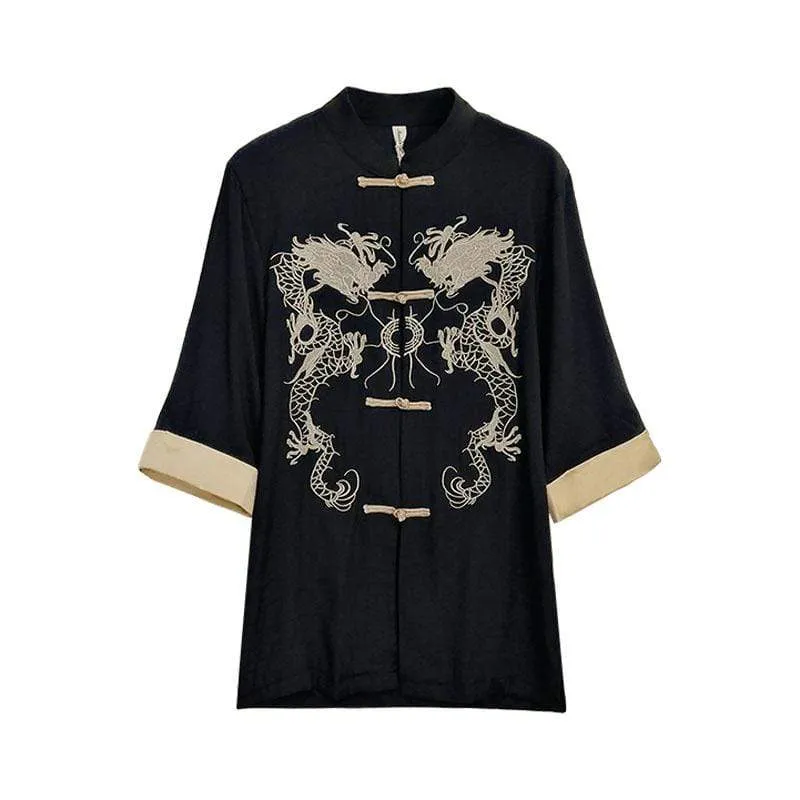 Dragon Embroidered Stand Collar Cheongsam Shirt