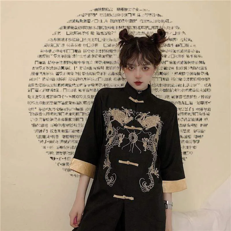 Dragon Embroidered Stand Collar Cheongsam Shirt