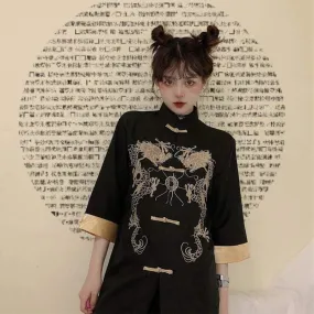 Dragon Embroidered Stand Collar Cheongsam Shirt