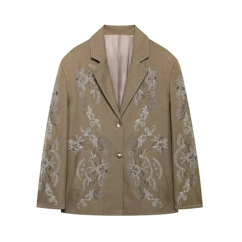 Fashionkova Embroidery Flower Bead Blazer Coat Women Chic Luxury Single Breasted Loose Turn-down Collar Jacket 2024 Autumn Vintage Outwear