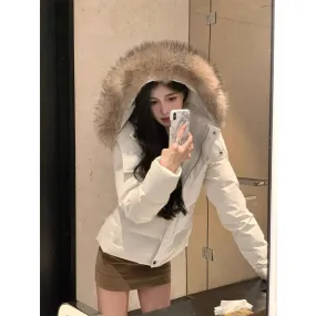 Fashionkova shoes Women's Large Fur Collar Hooded White down Jacket 2024 Winter High-Grade Short 90 White Duck down Warm Jacket