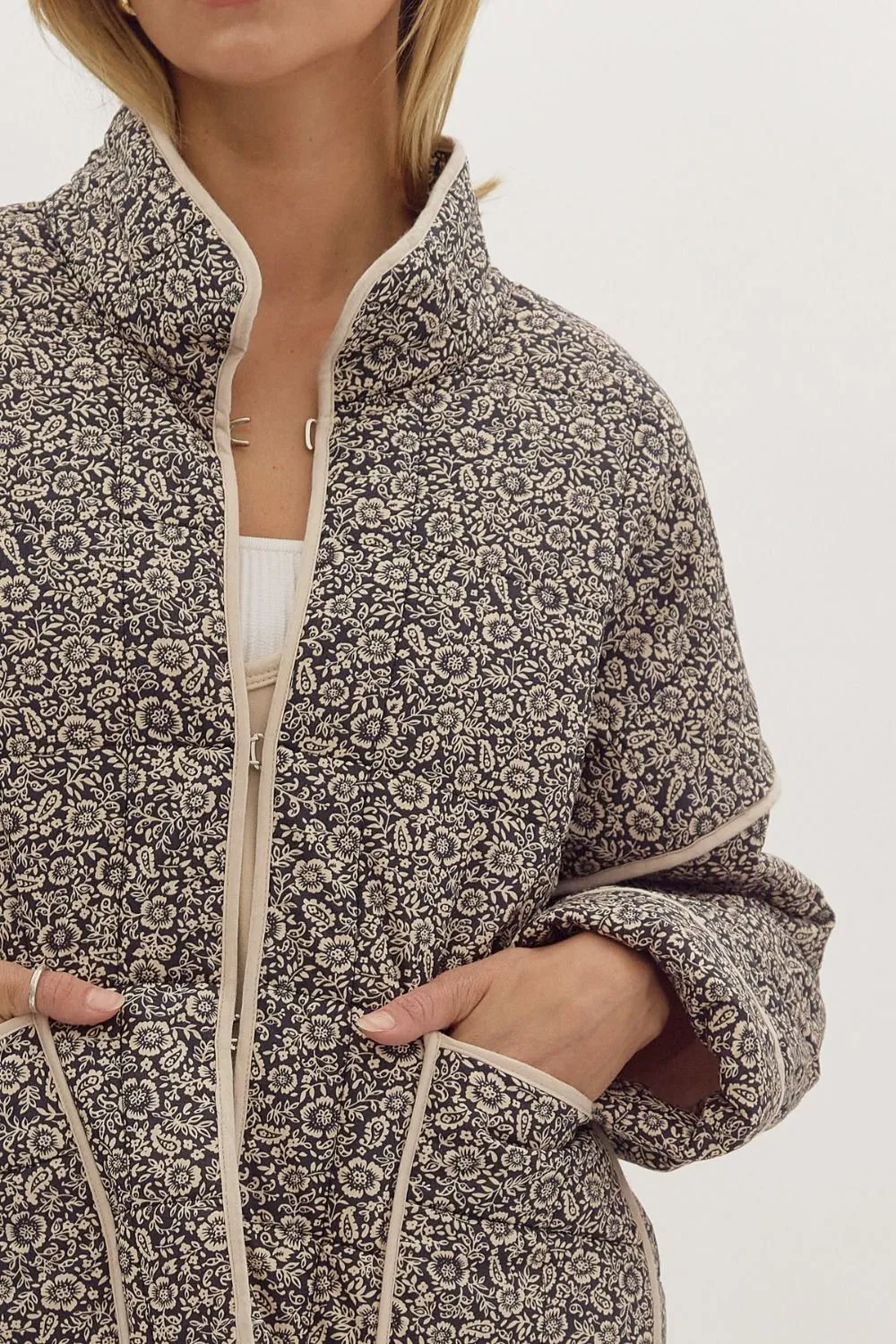 Floral Print Quilted Long Sleeve Jacket