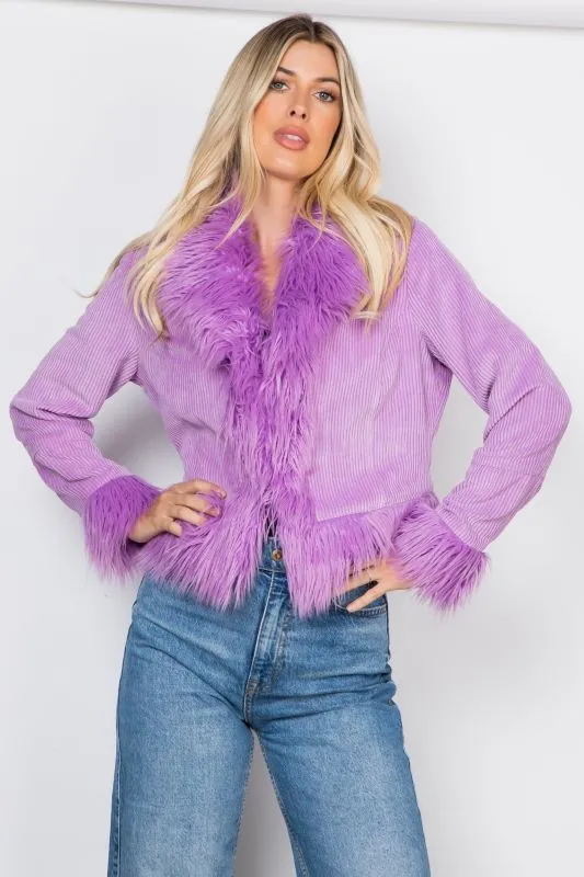 Fur Trim Cord Cropped Jacket