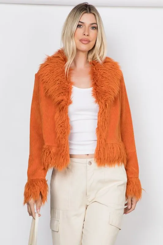 Fur Trim Cord Cropped Jacket