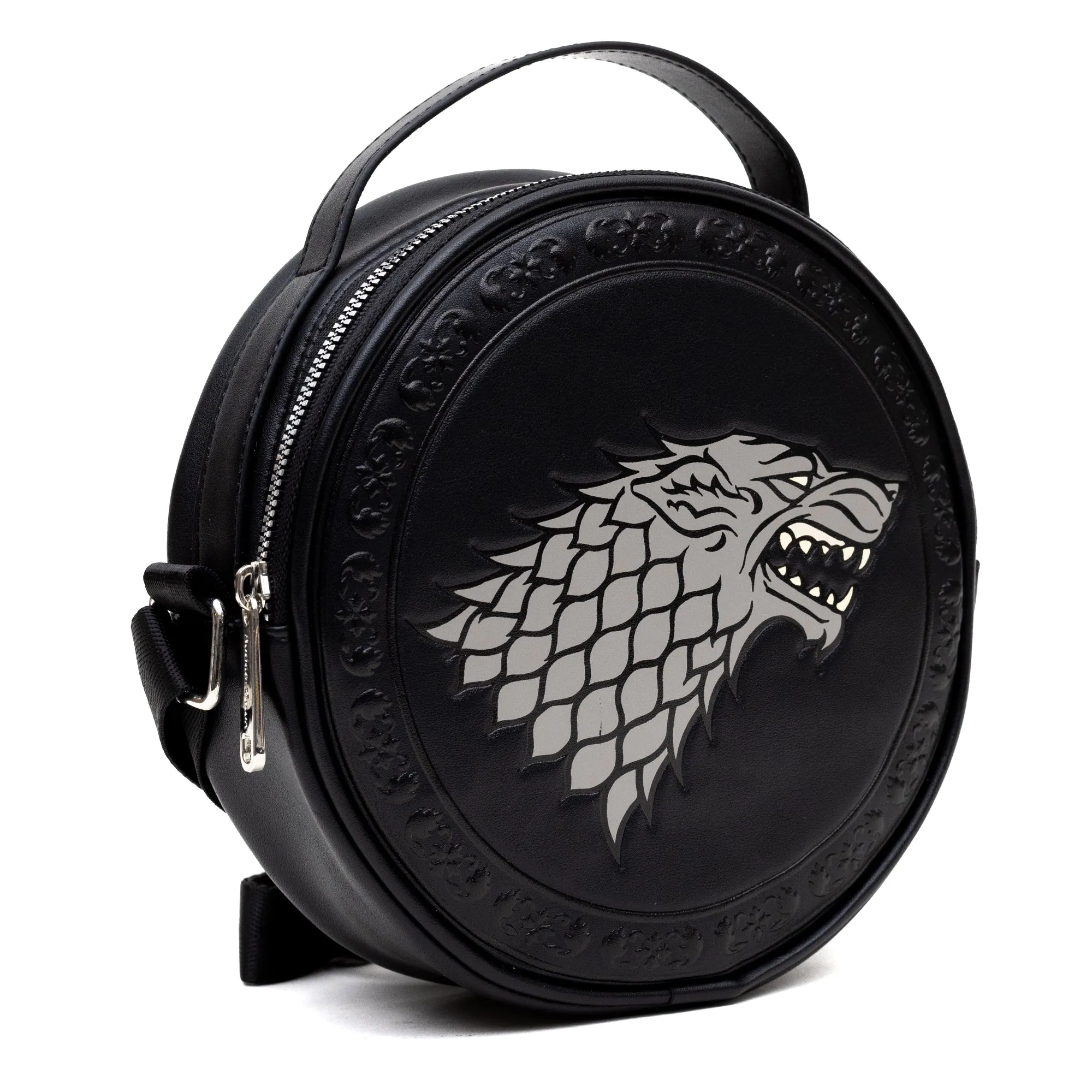 Game of Thrones Vegan Leather Round Crossbody Bag with Adjustable Straps, House of Stark Sigil Debossed and Filigree, Black